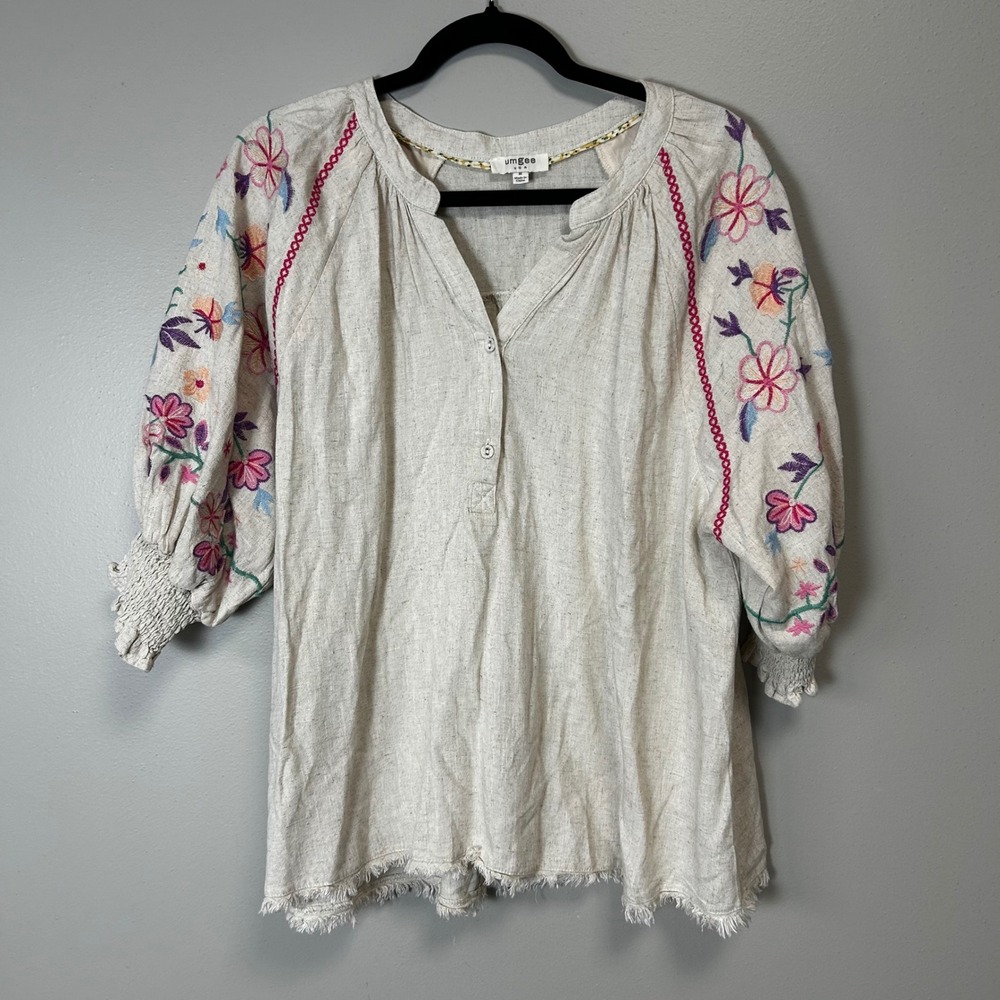 Umgee Savannah floral bohemian embroidered linen blend blouse